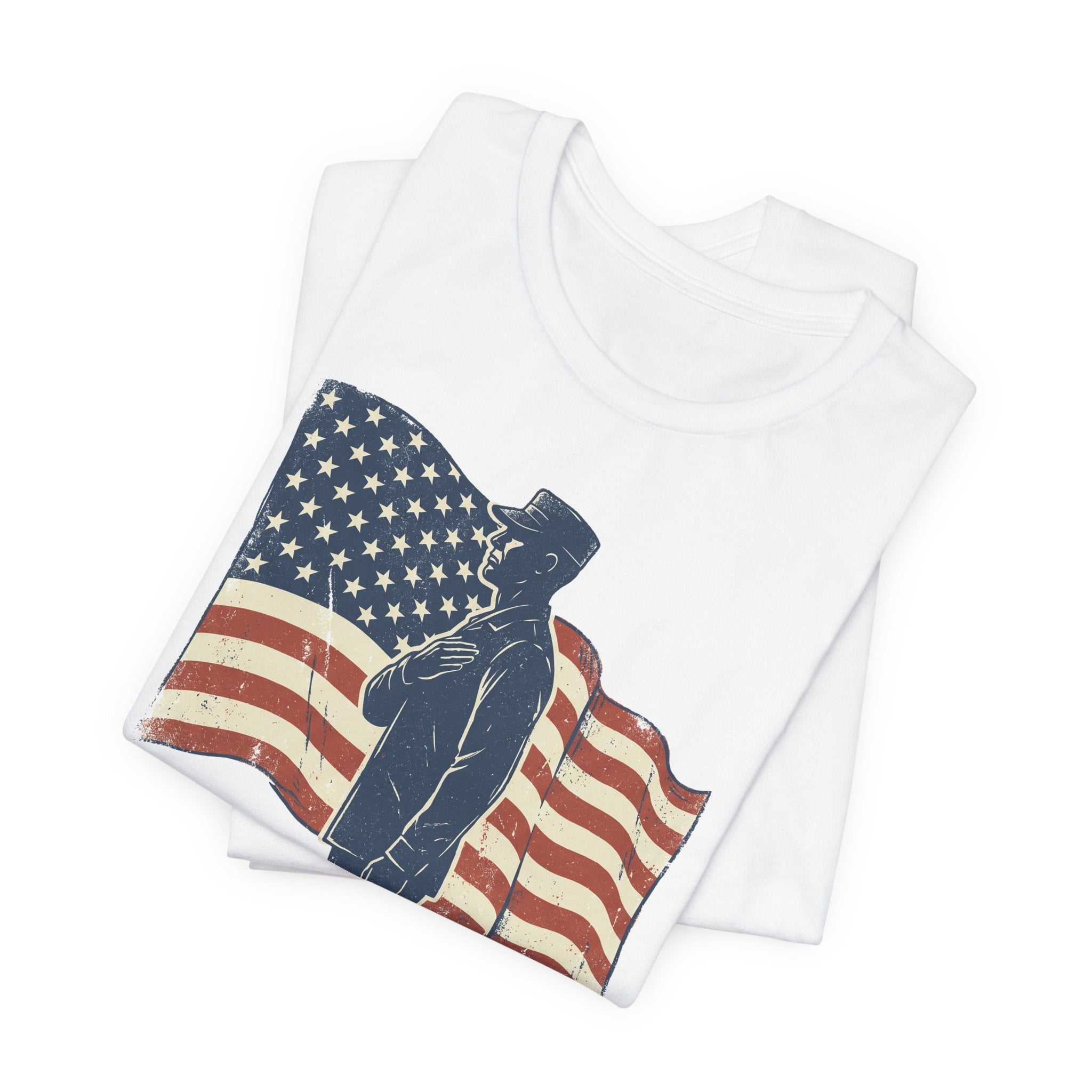 White crewneck T-shirt with saluting soldier and American flag graphic
