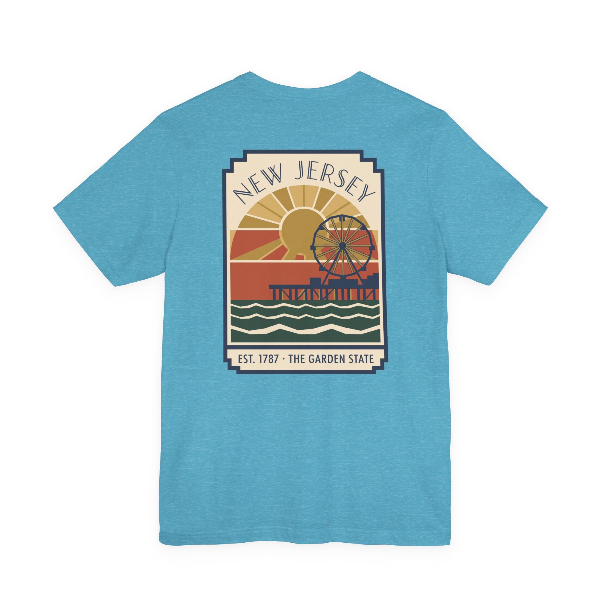 Light blue T-shirt with centered New Jersey Pier vintage poster graphic