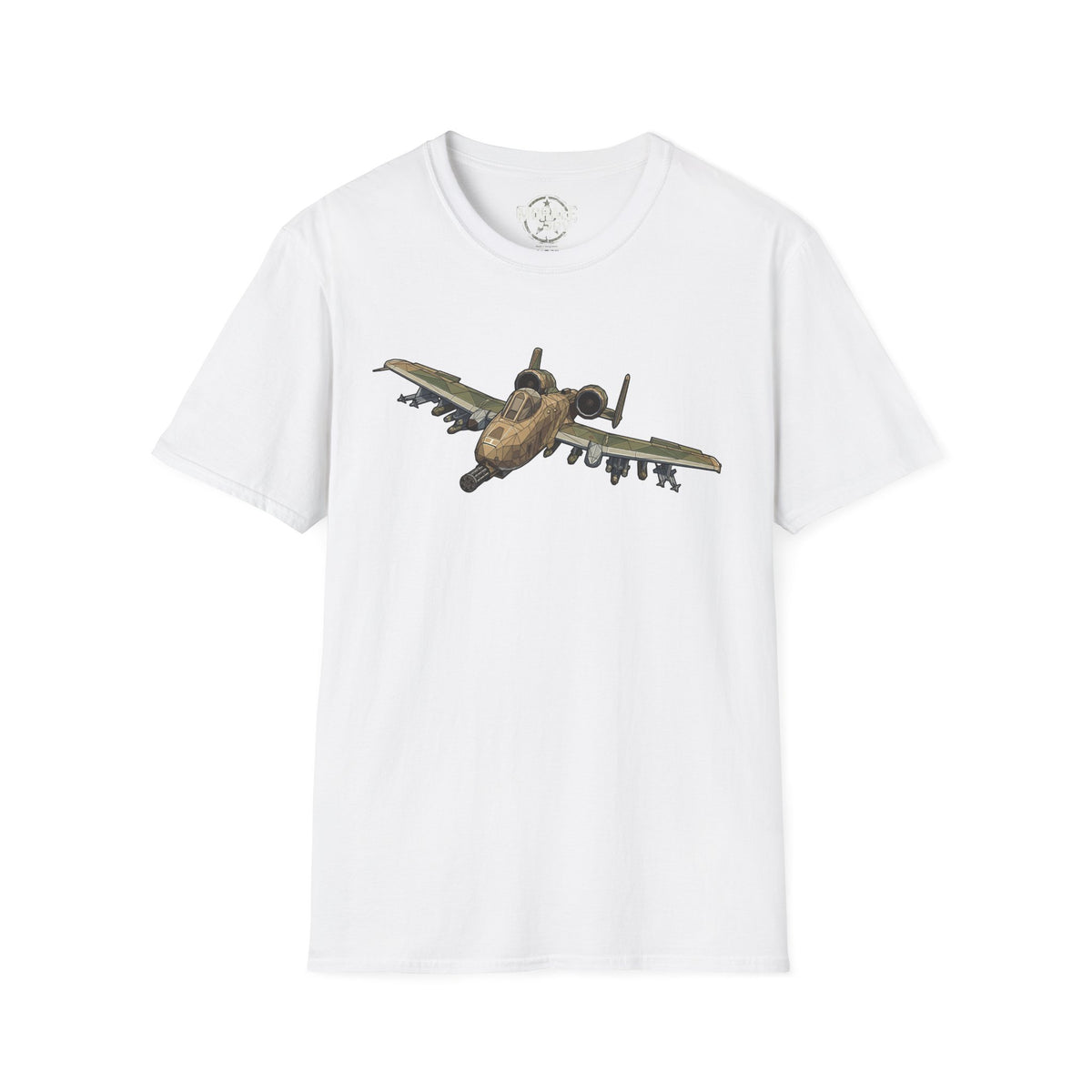 White crew-neck T-shirt with aircraft graphic, isolated on white background