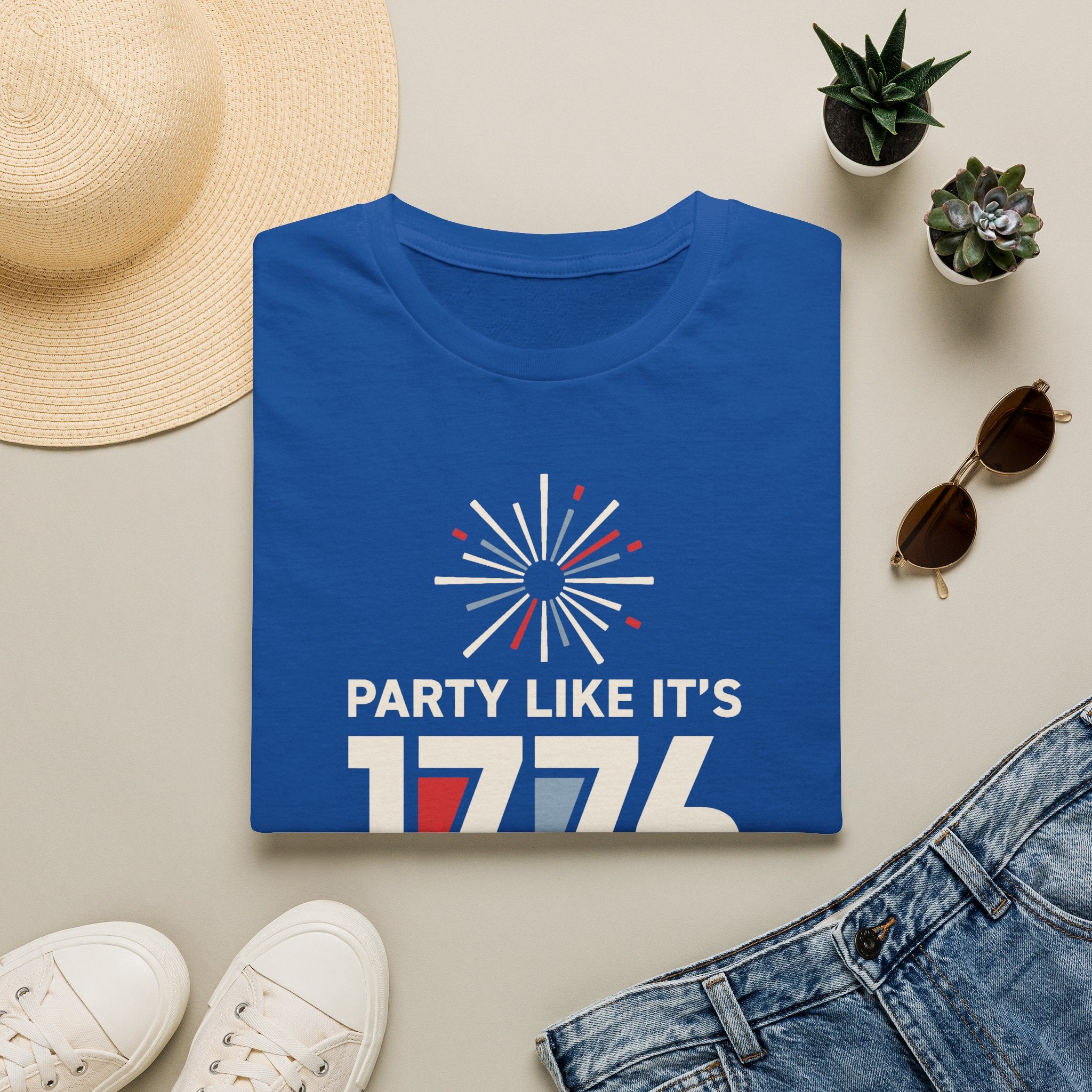 Royal blue T-shirt with fireworks 'PARTY LIKE IT'S 1776' graphic