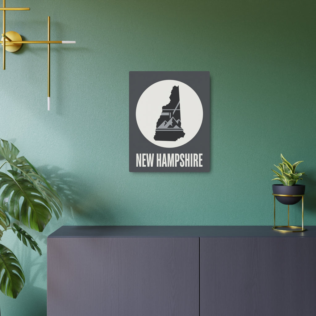 Square metal wall sign featuring a white circle New Hampshire mountain silhouette and NEW HAMPSHIRE text