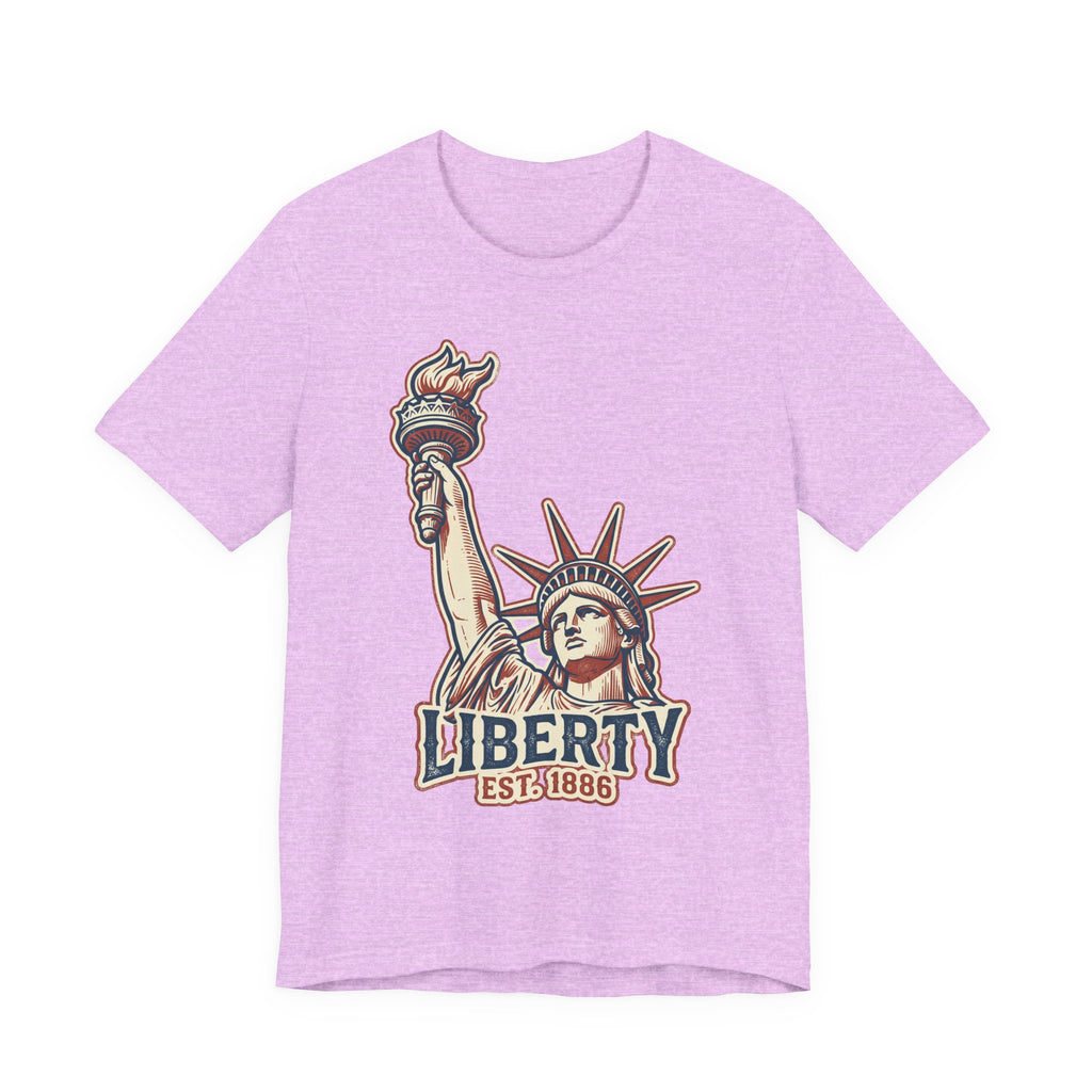 Heather prism lilac crewneck graphic T-shirt with Statue of Liberty and “LIBERTY EST. 1886”
