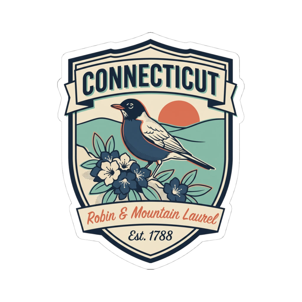 Die-cut Connecticut badge sticker with robin bird illustration and mountain laurel flowers.
