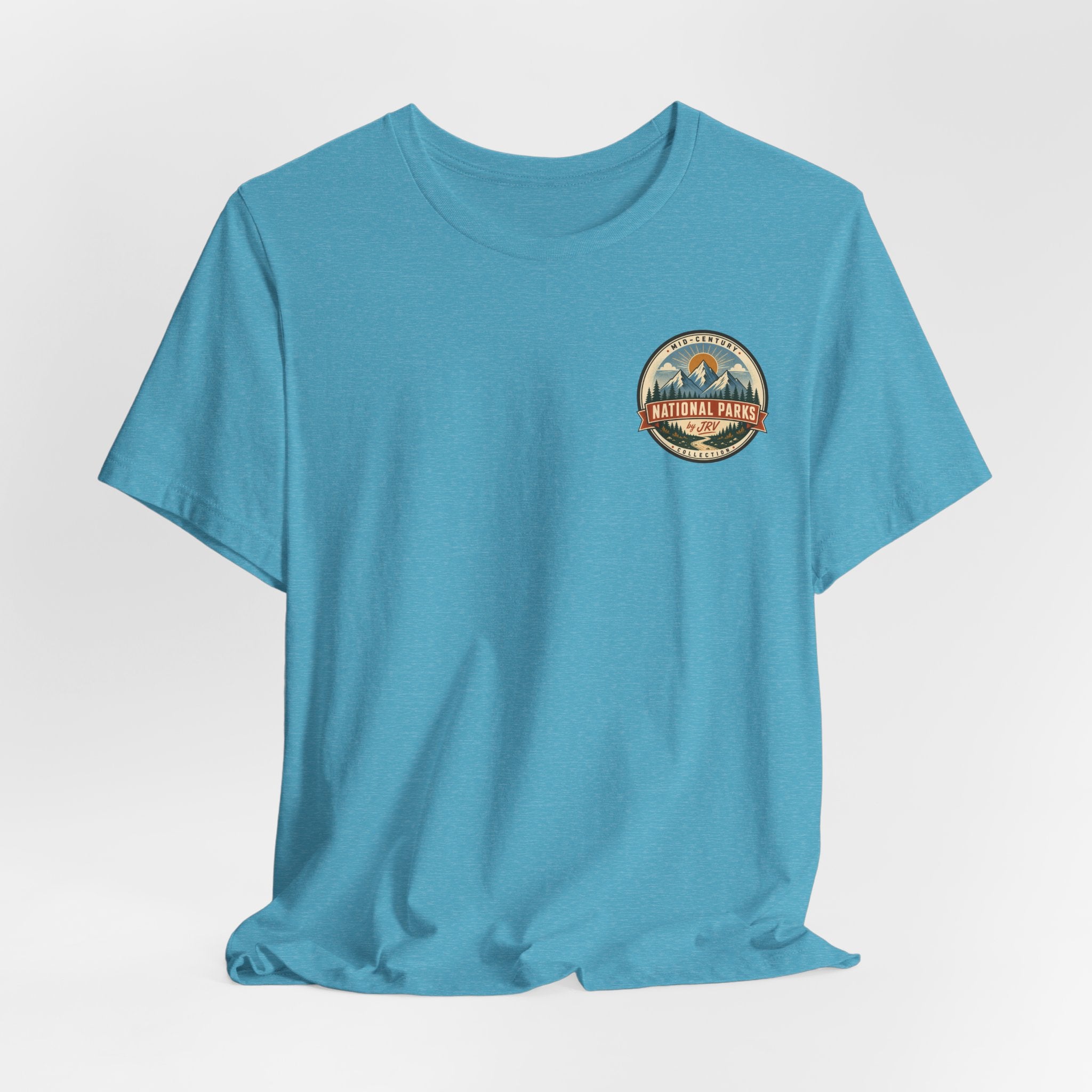 Turquoise T-shirt with small National Park badge graphic on left chest