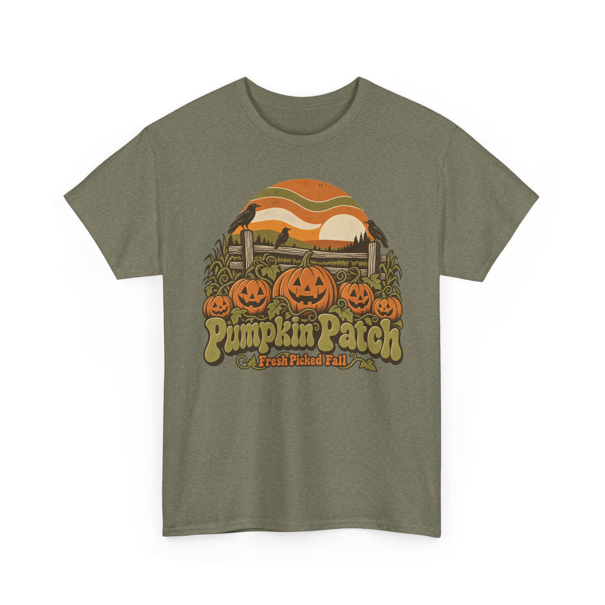 Pumpkin Patch T-Shirt, Retro Jack O Lantern Sunset Fall Halloween Shirt for Women and Men, Vintage Autumn Farm Graphic Tee