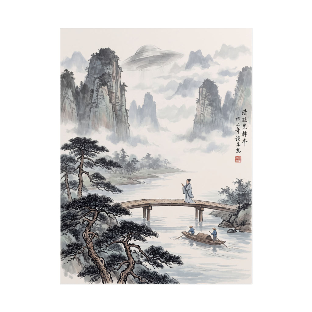 Vertical landscape rolled poster with misty mountains, pine trees, river, and bridge scene