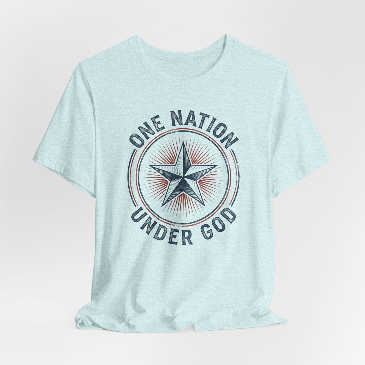 Light blue crew-neck T-shirt with circular star graphic and "One Nation Under God"