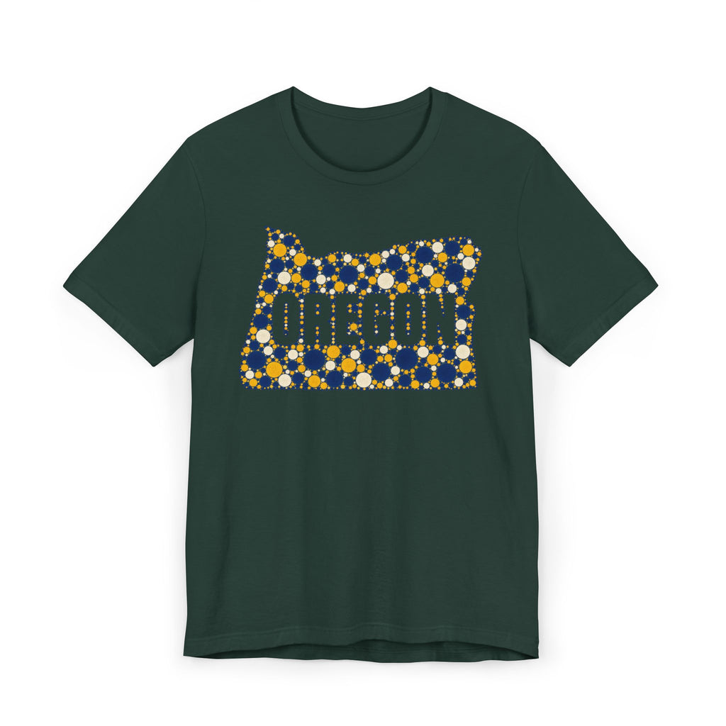 Dark green Oregon map graphic t-shirt with blue and gold polka dot lettering