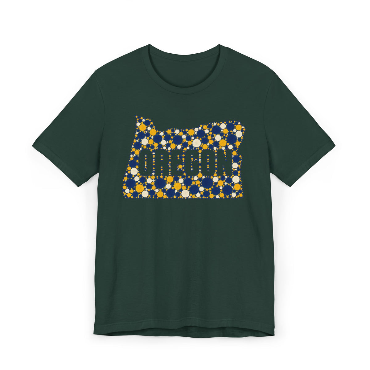 Dark green Oregon map graphic t-shirt with blue and gold polka dot lettering