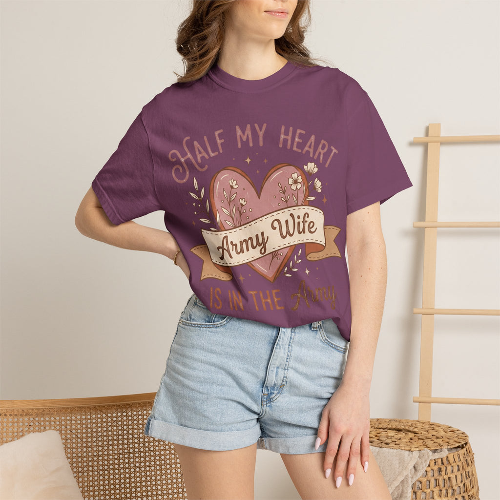Purple crew-neck T-shirt with heart "Army Wife" and "IS IN THE ARMY" graphic