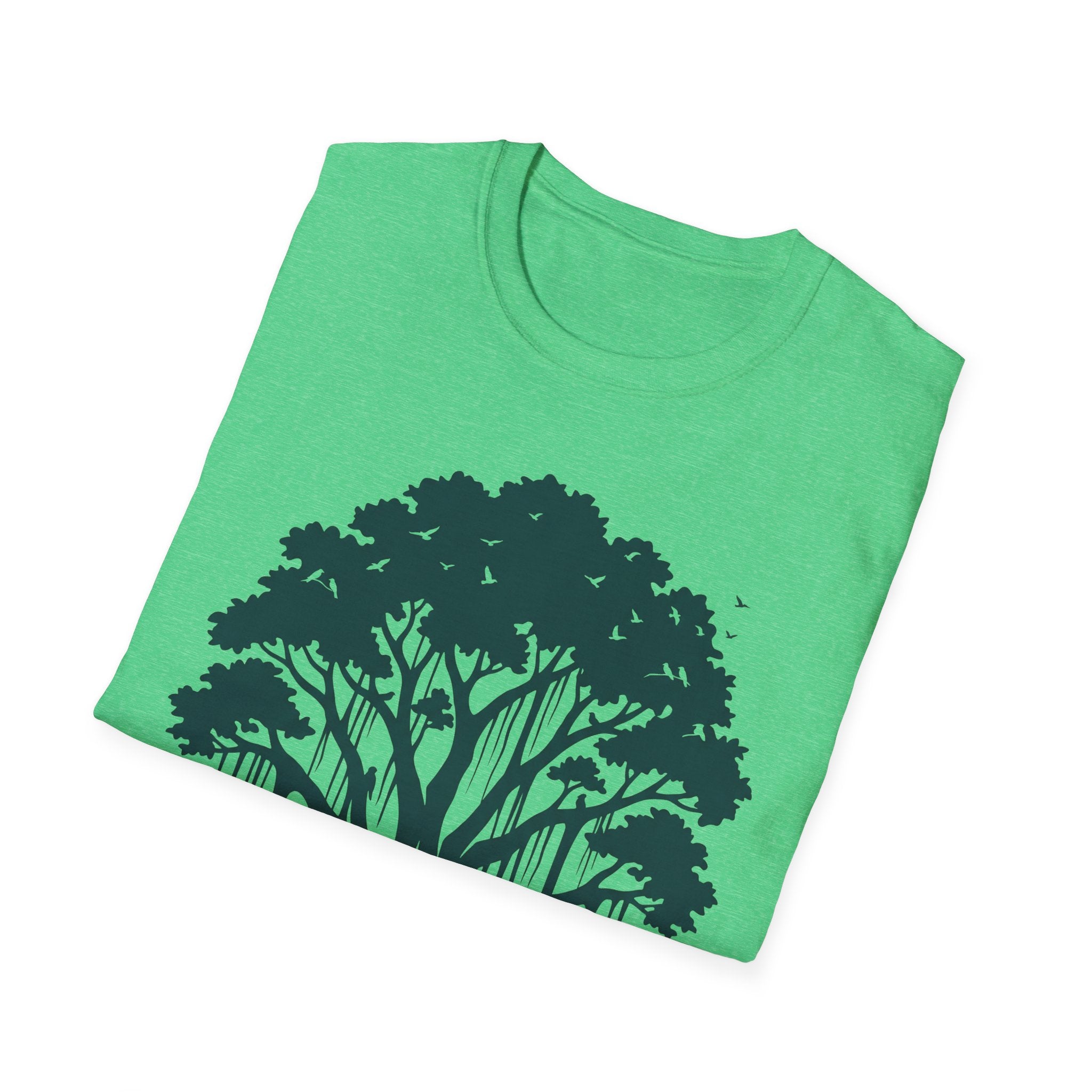 Bright green T-shirt with dark tree-and-birds graphic on the chest