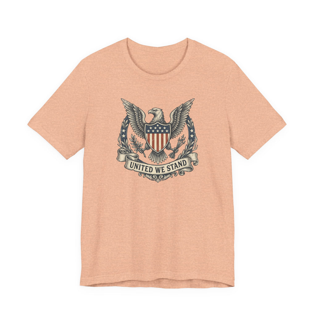 Peach T-shirt with eagle shield crest graphic and "United We Stand" text