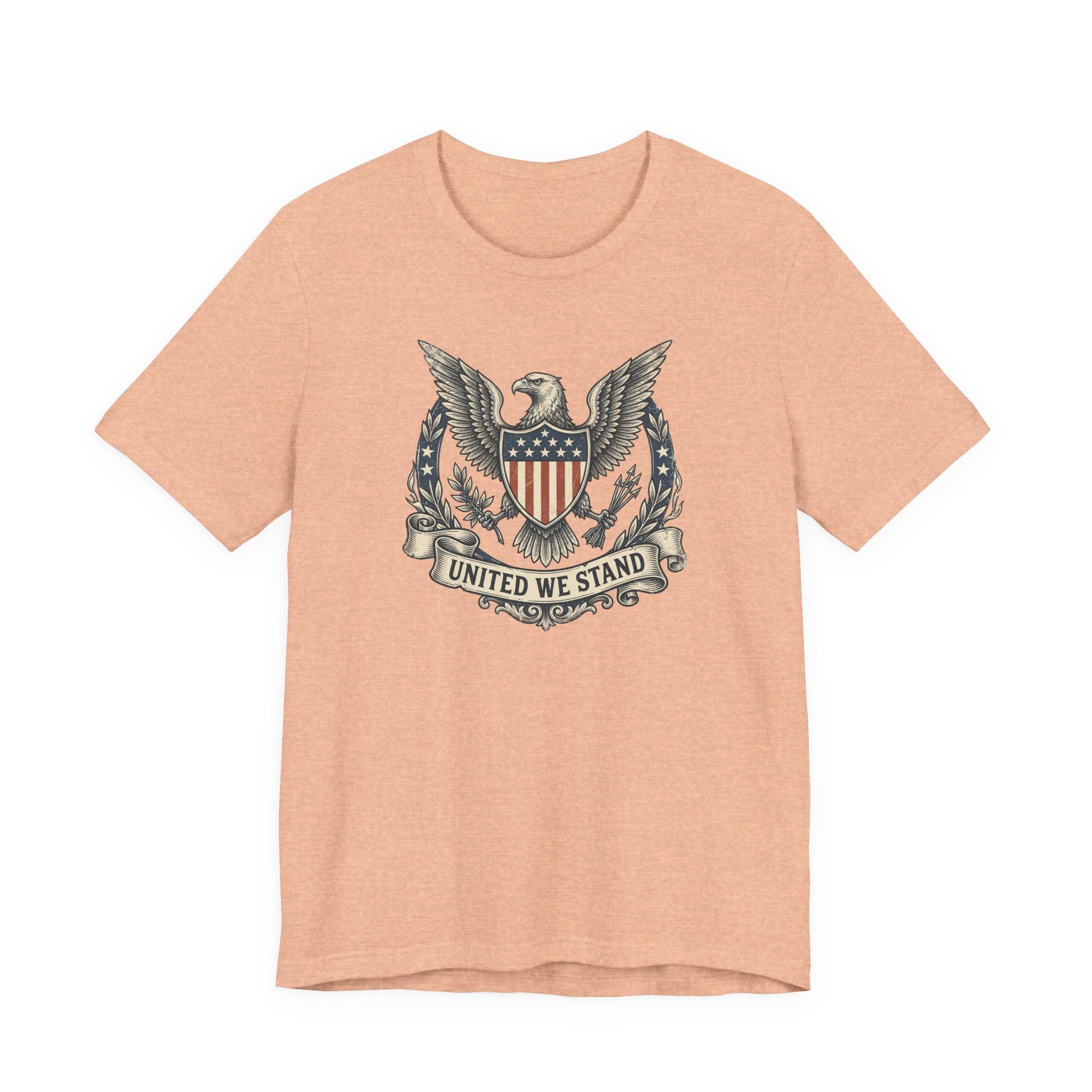 Peach T-shirt with eagle shield crest graphic and "United We Stand" text