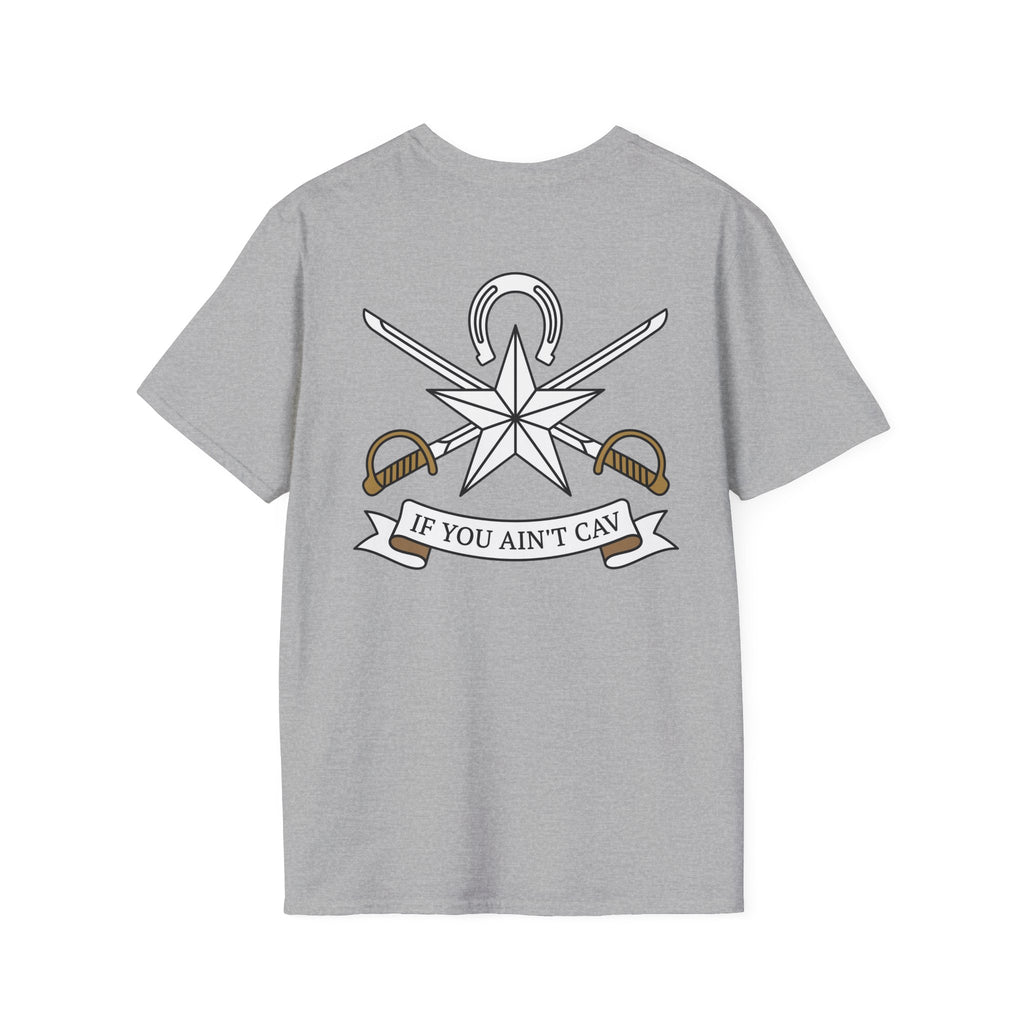 Sport gray T-shirt with crew neck and back graphic of star, swords, and ribbon
