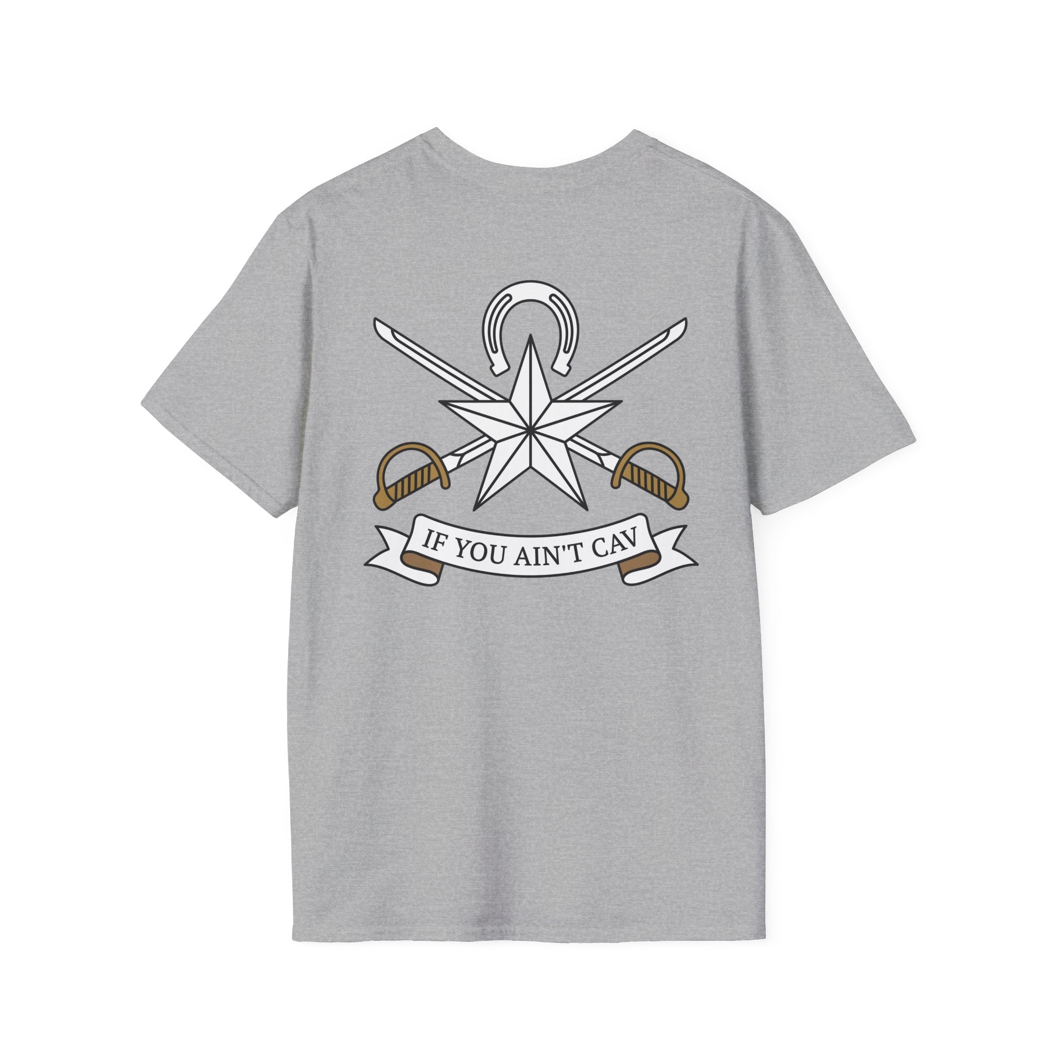 Sport gray T-shirt with crew neck and back graphic of star, swords, and ribbon