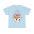 Light blue T-shirt with donut skull face graphic and colorful sprinkles