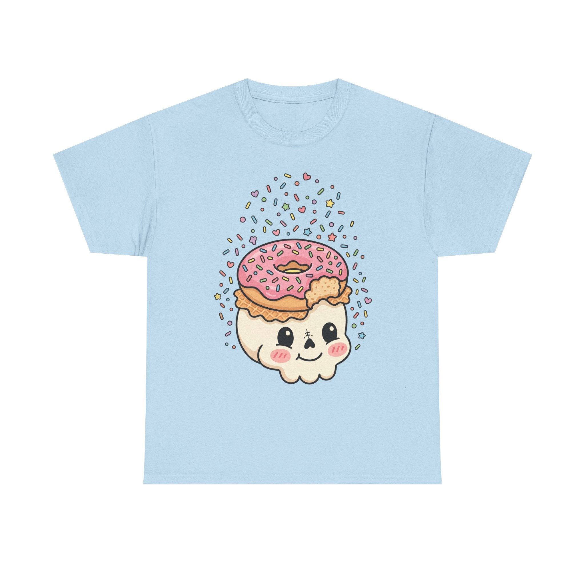 Light blue T-shirt with donut skull face graphic and colorful sprinkles