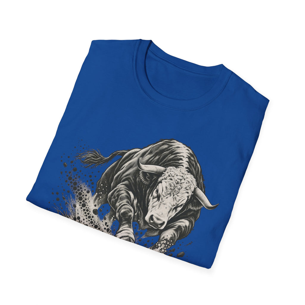 Blue graphic t-shirt with charging bull illustration and splatter design