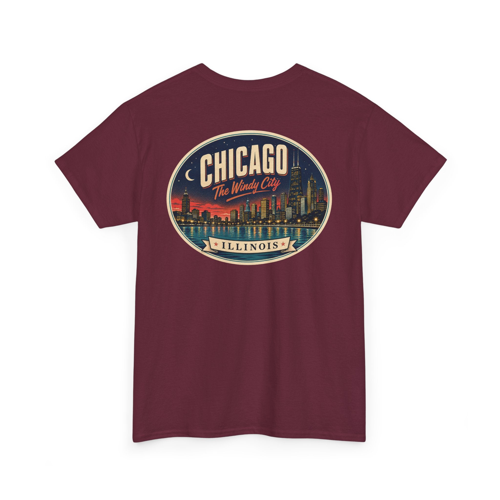 Maroon crew-neck T-shirt with large round Chicago city badge graphic