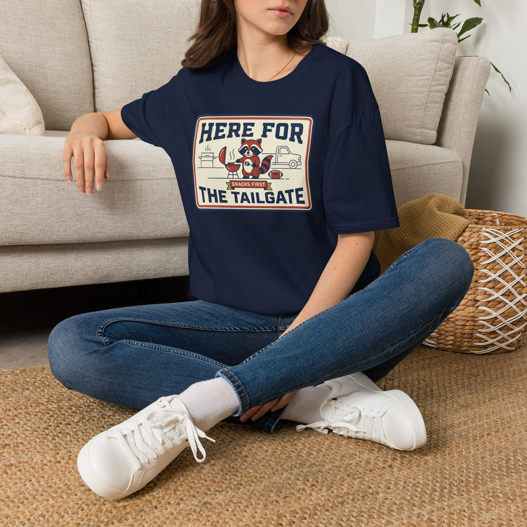 Dark navy short-sleeve T-shirt with 'Here for the Tailgate' chest graphic