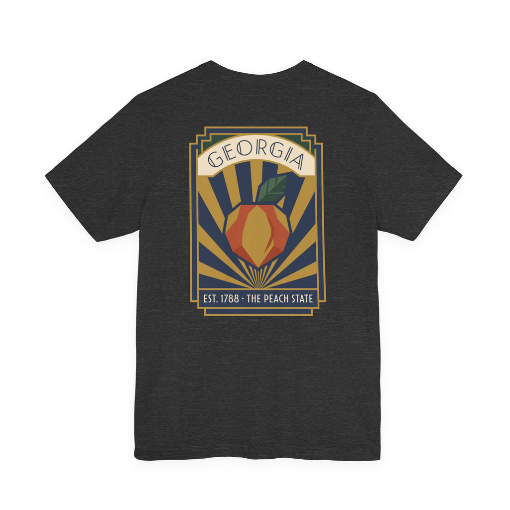 Peach-state graphic t-shirt in dark charcoal with centered Georgia emblem poster print