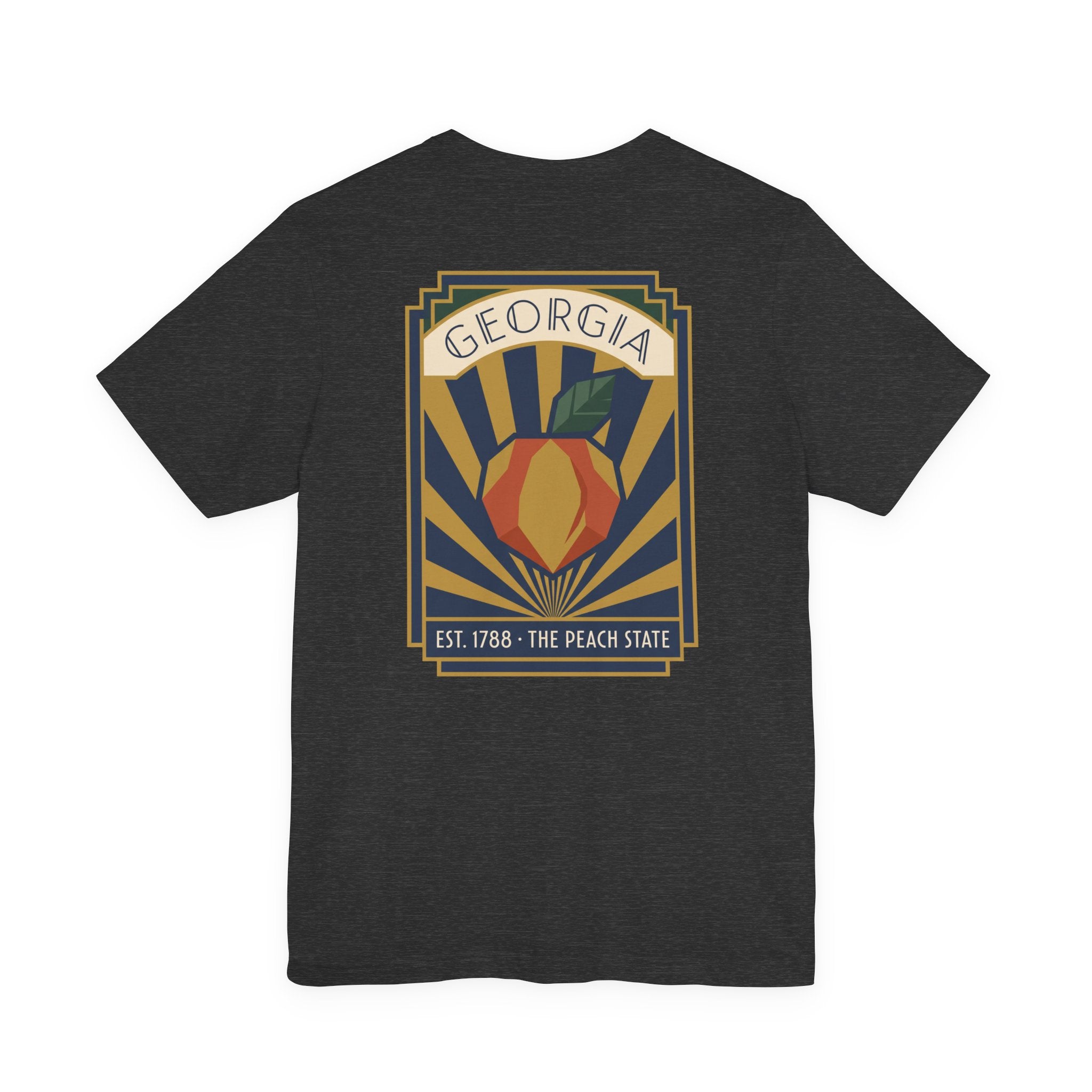 Peach-state graphic t-shirt in dark charcoal with centered Georgia emblem poster print