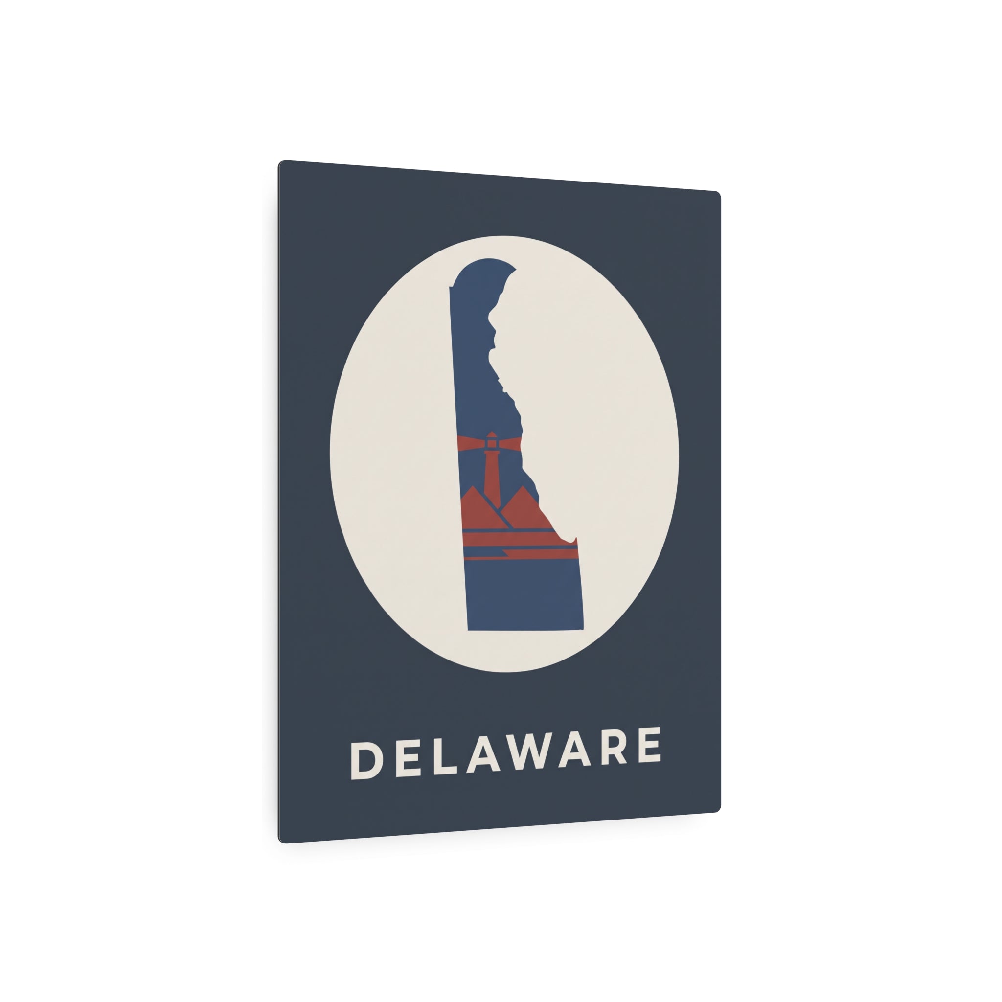 Delaware metal state map art sign close-up, circular silhouette and “DELAWARE” lettering
