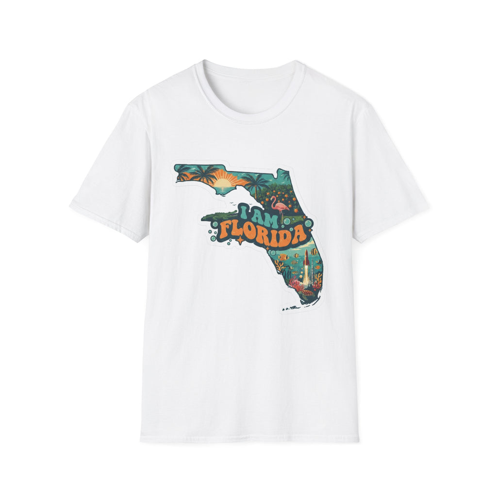 White T-shirt with “Florida” tropical sunset map graphic on the front