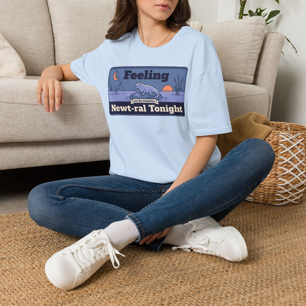 Light blue crewneck short-sleeve T-shirt with “Feeling Newt-ral Tonight” newt graphic.