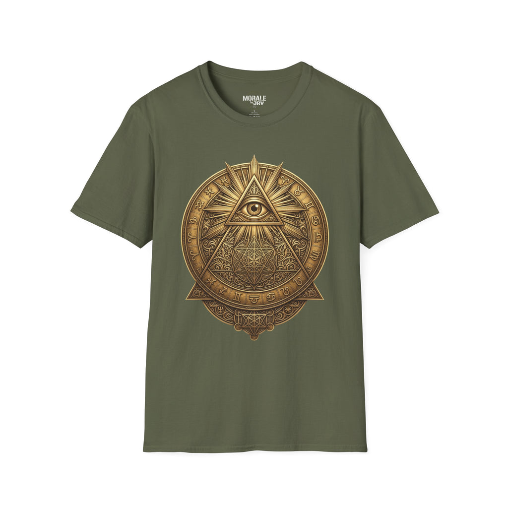 Military green t-shirt with gold all-seeing eye mandala pyramid artwork