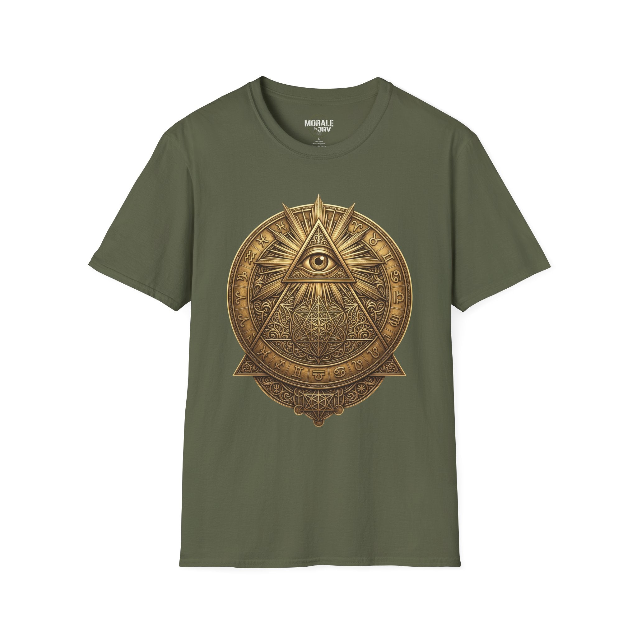 Military green t-shirt with gold all-seeing eye mandala pyramid artwork