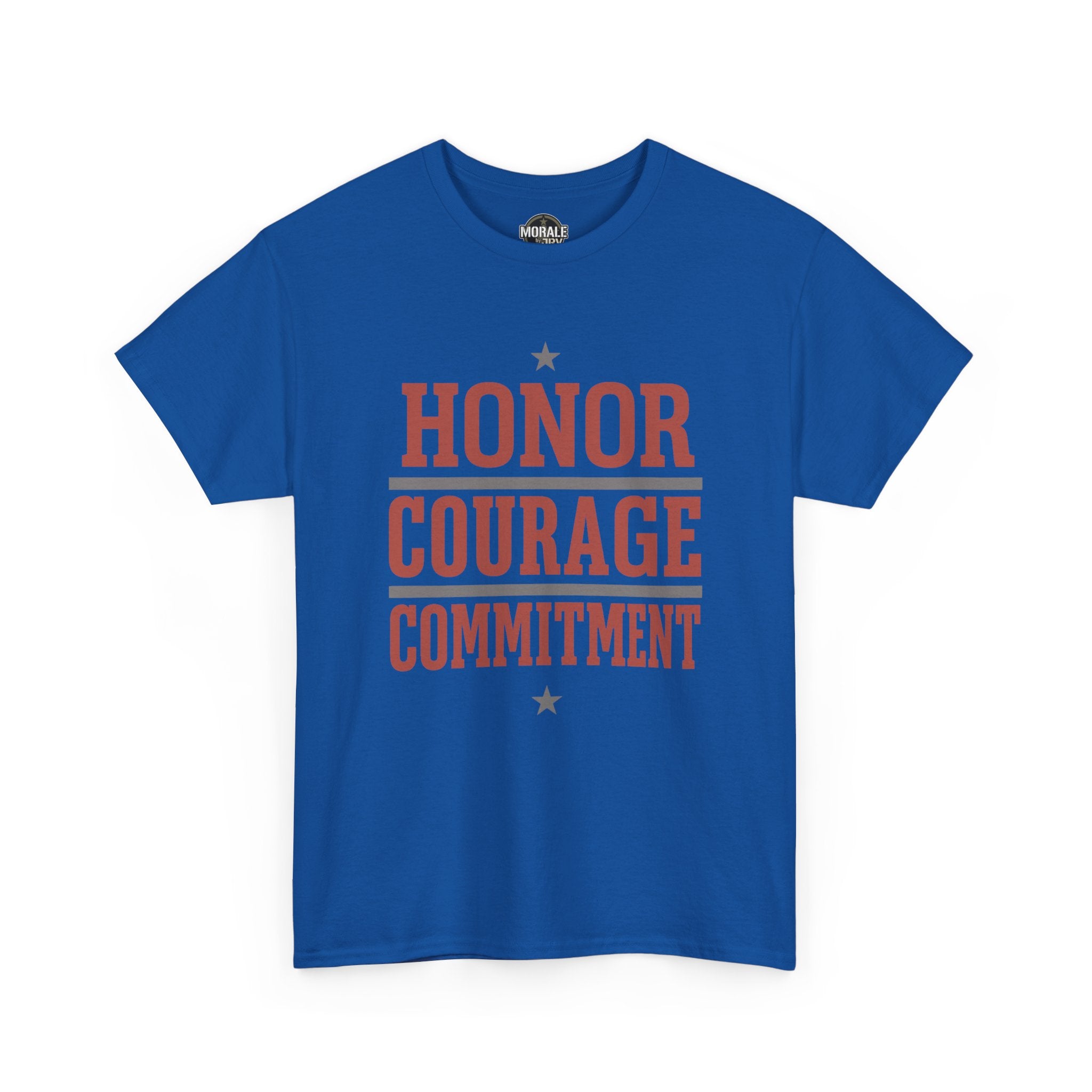 Blue crewneck tee with red 'Honor Courage Commitment' text and two stars