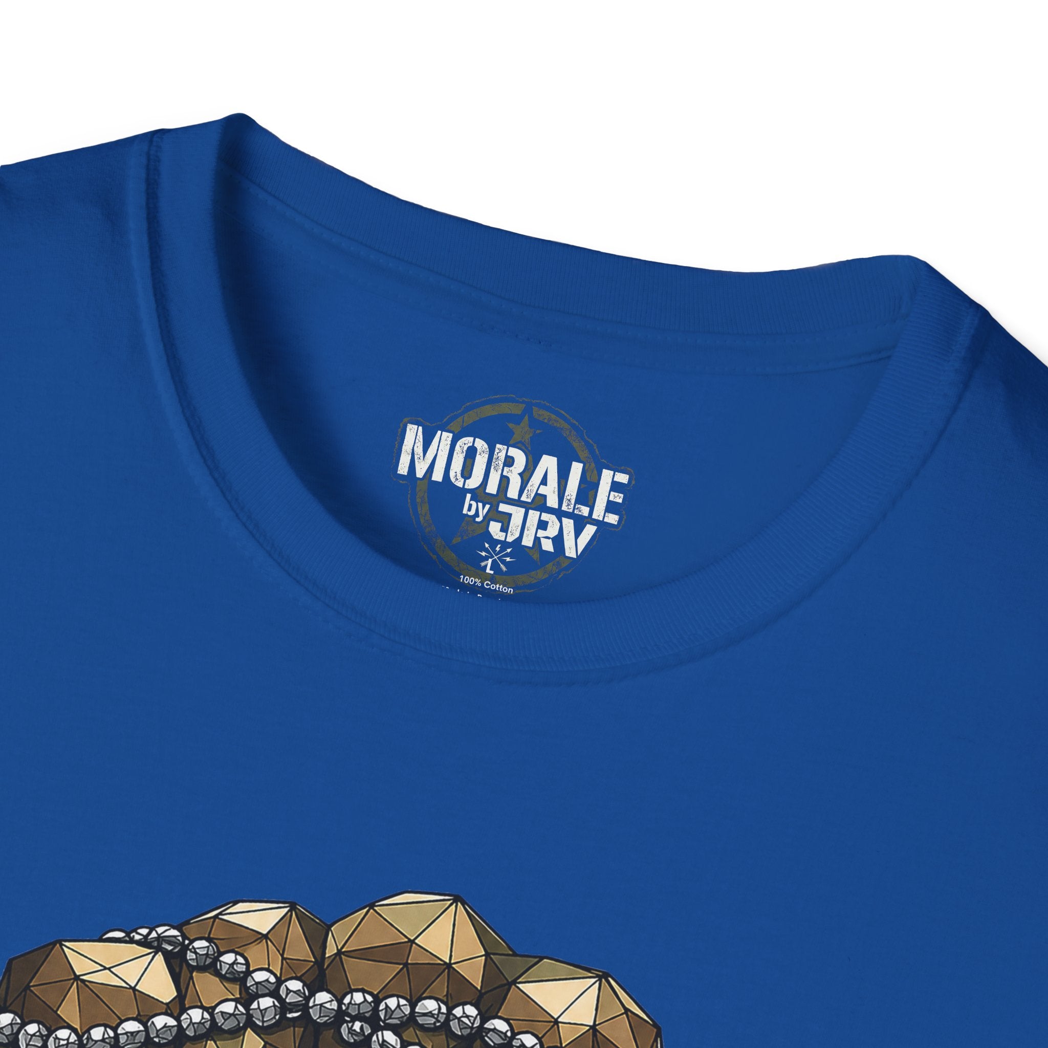 Royal blue tee: 'Morale TRV' logo at collar with top of dog-tag graphic