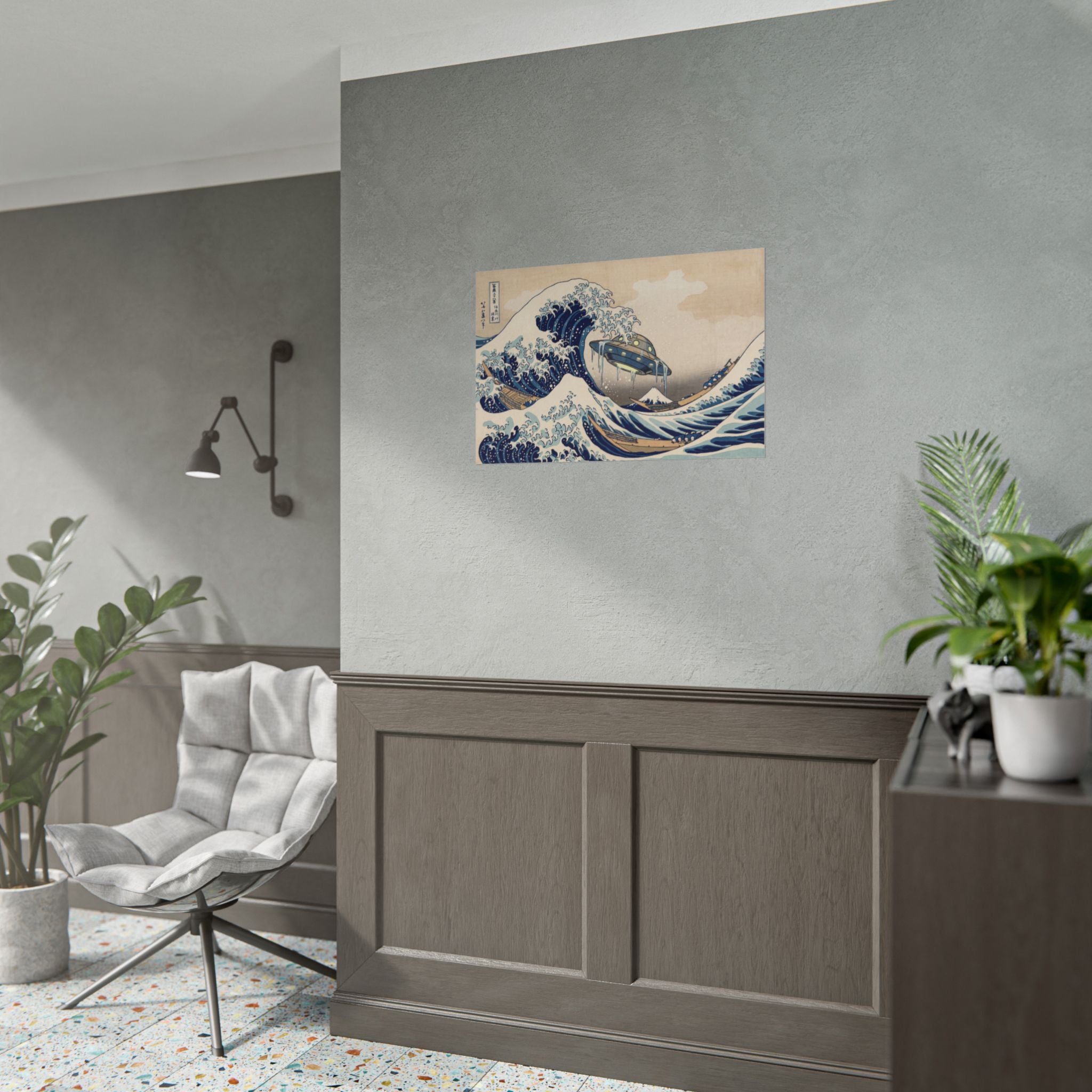 Wall-mounted wave print poster with blue ocean waves and UFO craft, centered