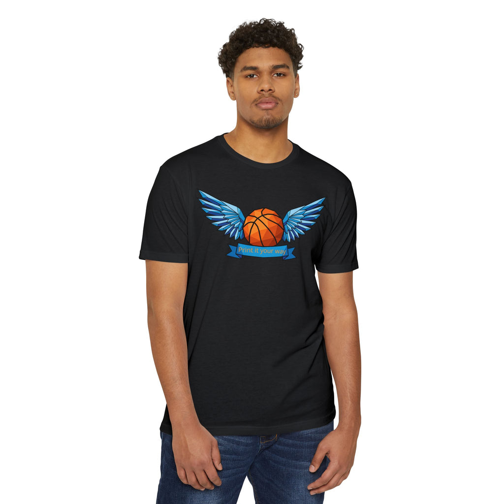 Black basketball T-shirt with blue winged basketball graphic at chest