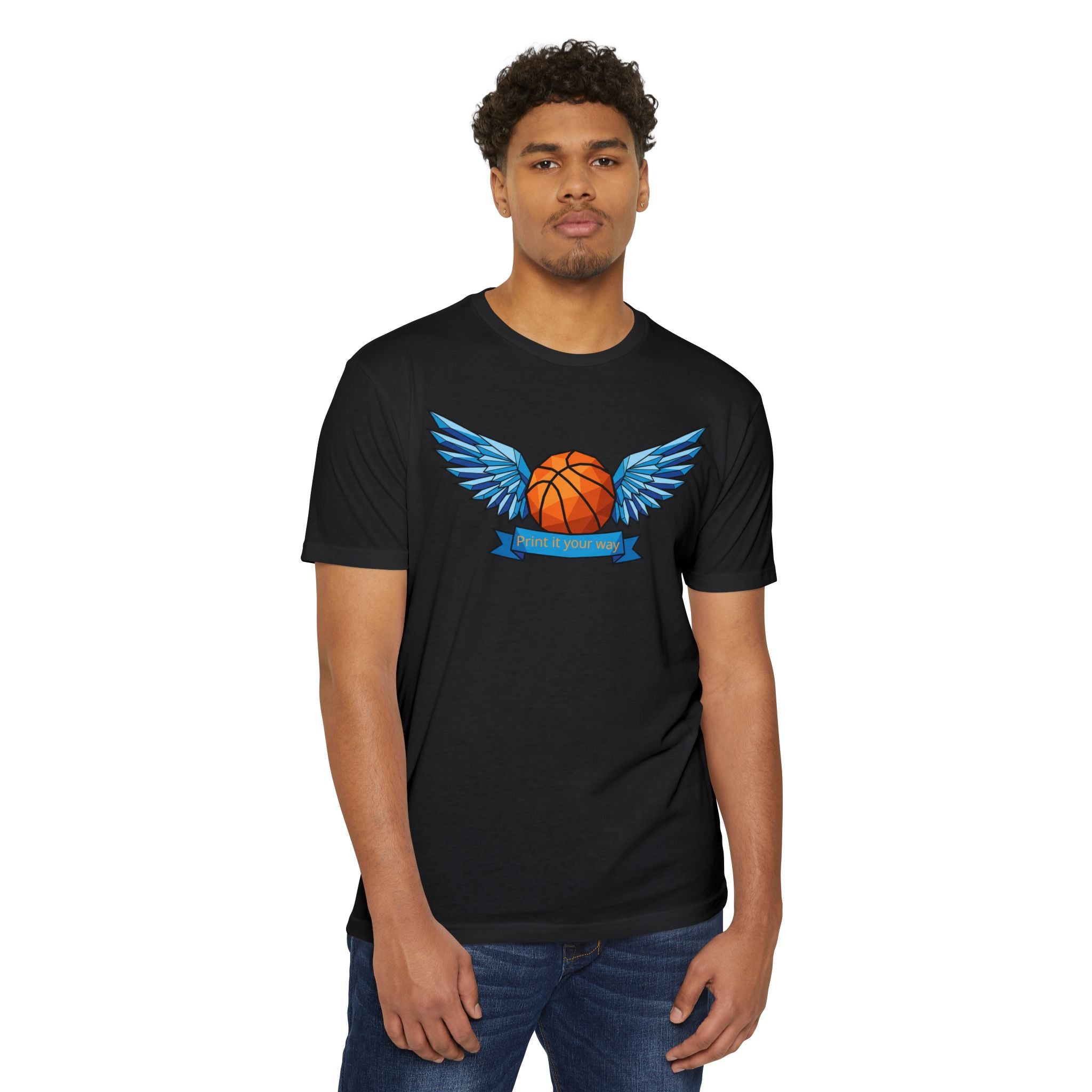 Black basketball T-shirt with blue winged basketball graphic at chest