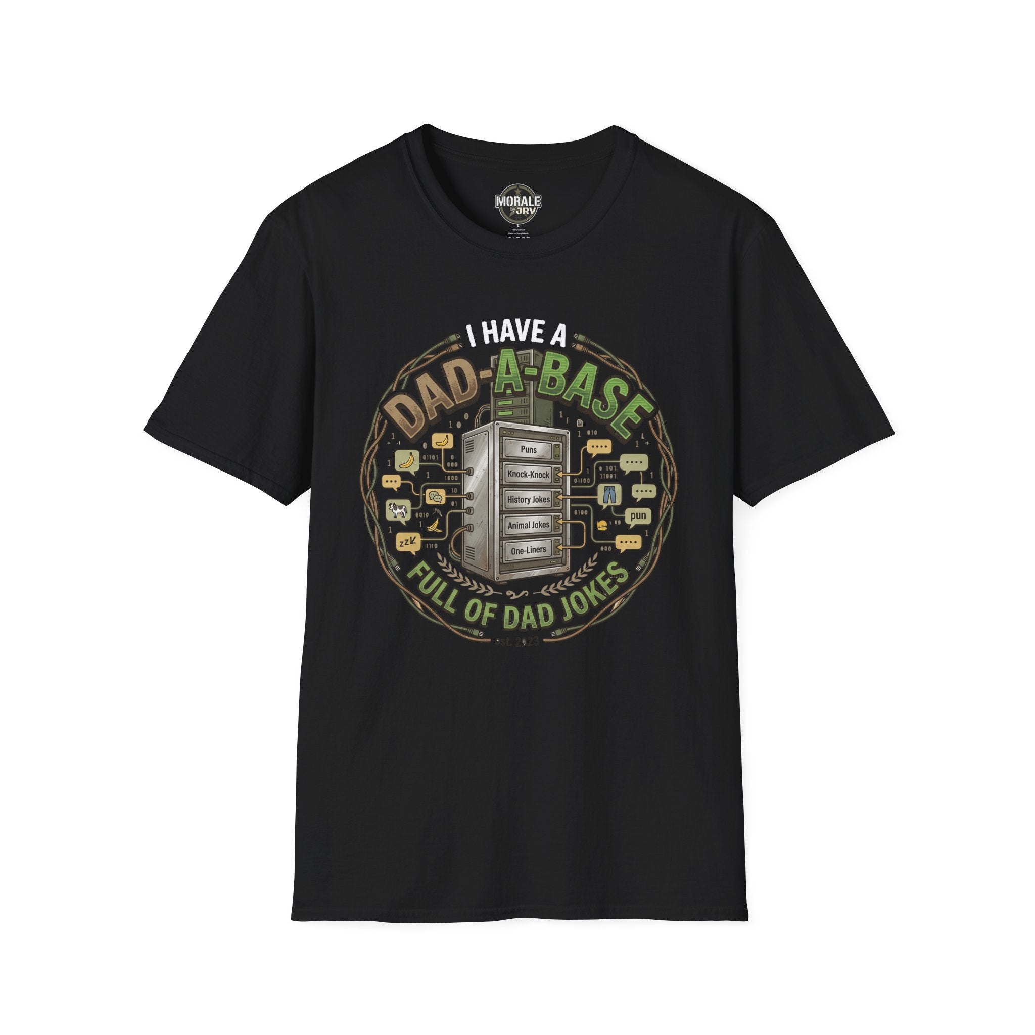 Black T-shirt with “I have a Dad-a-Base” retro computer dad-joke graphic