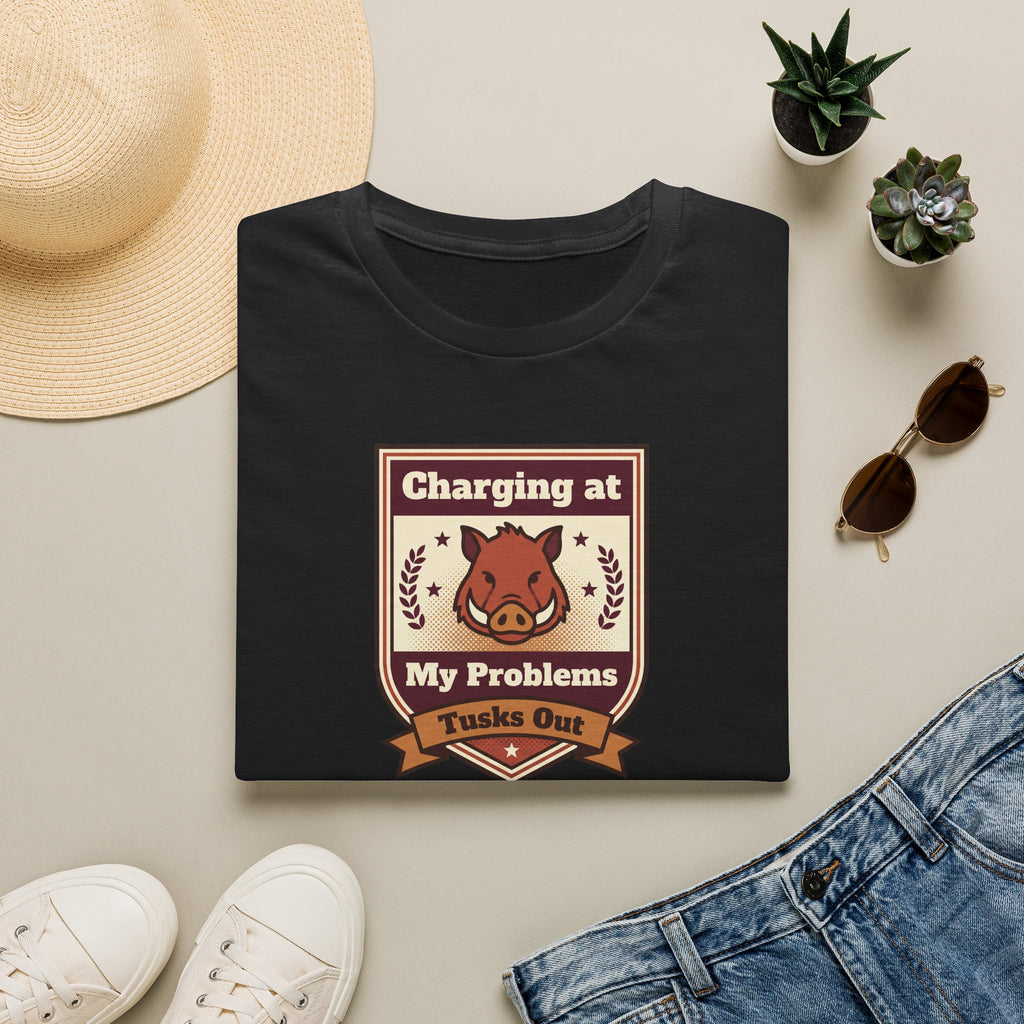 Black crew-neck T-shirt with charging wild boar crest graphic