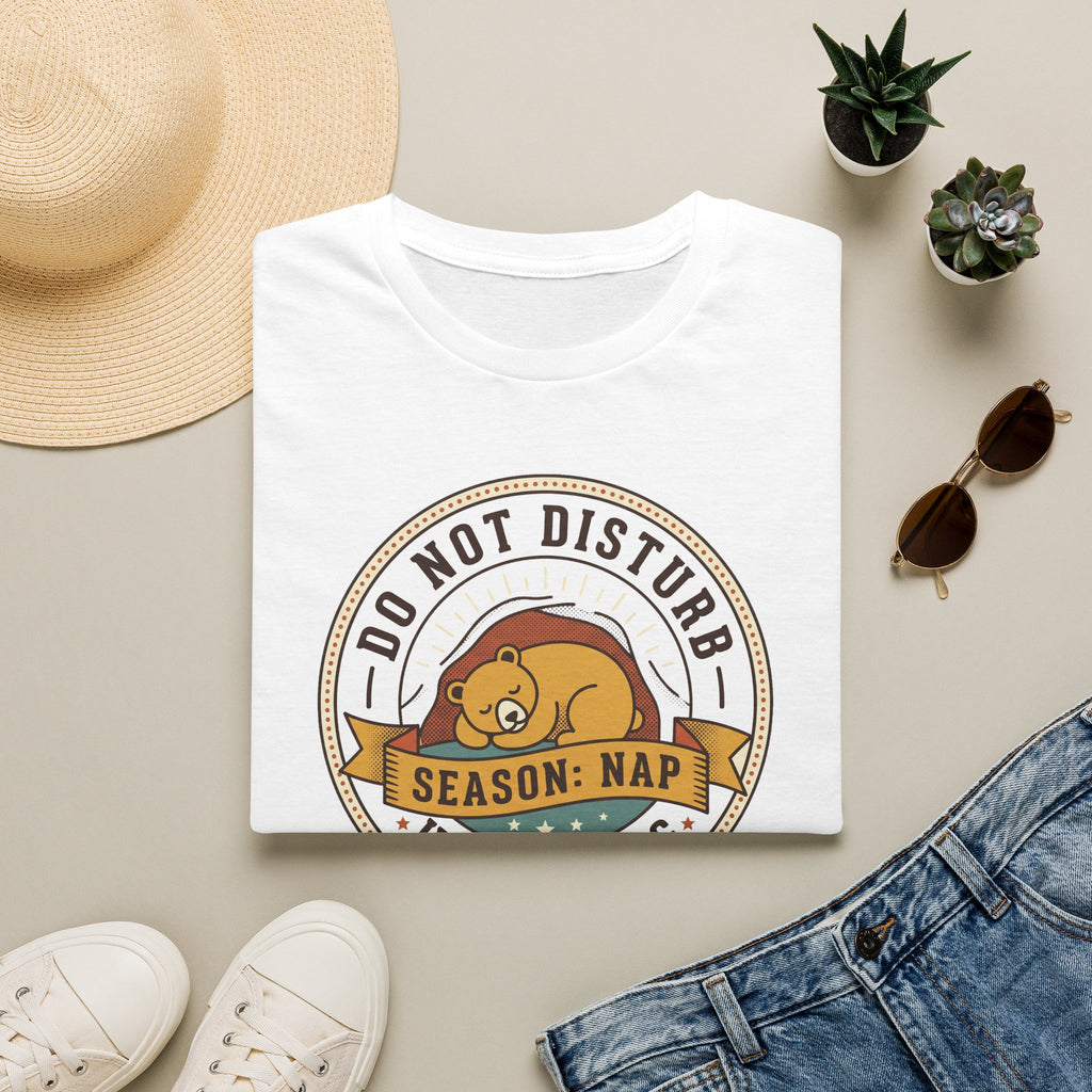 White nap T-shirt with front 'Do Not Disturb Season: Nap' bear graphic