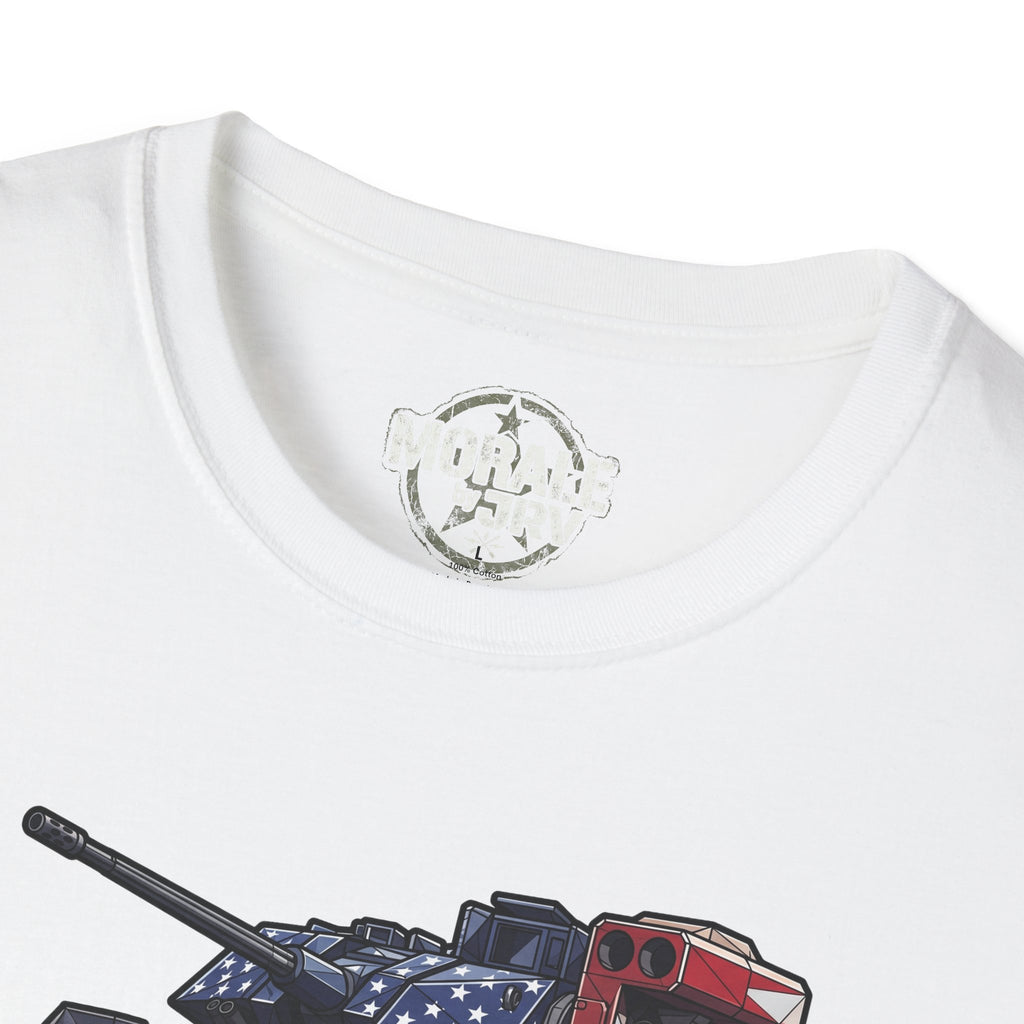 White T-shirt close-up of crewneck and partial American-flag tank graphic
