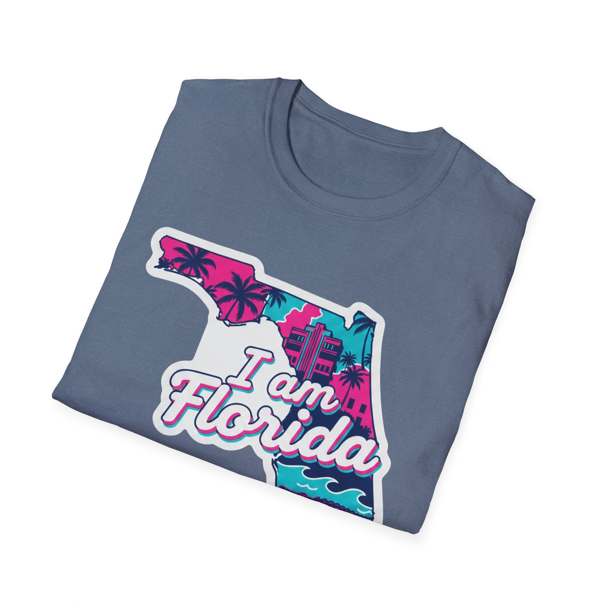 Light blue T-shirt with retro Florida map outline, palm trees, and “I am Florida”