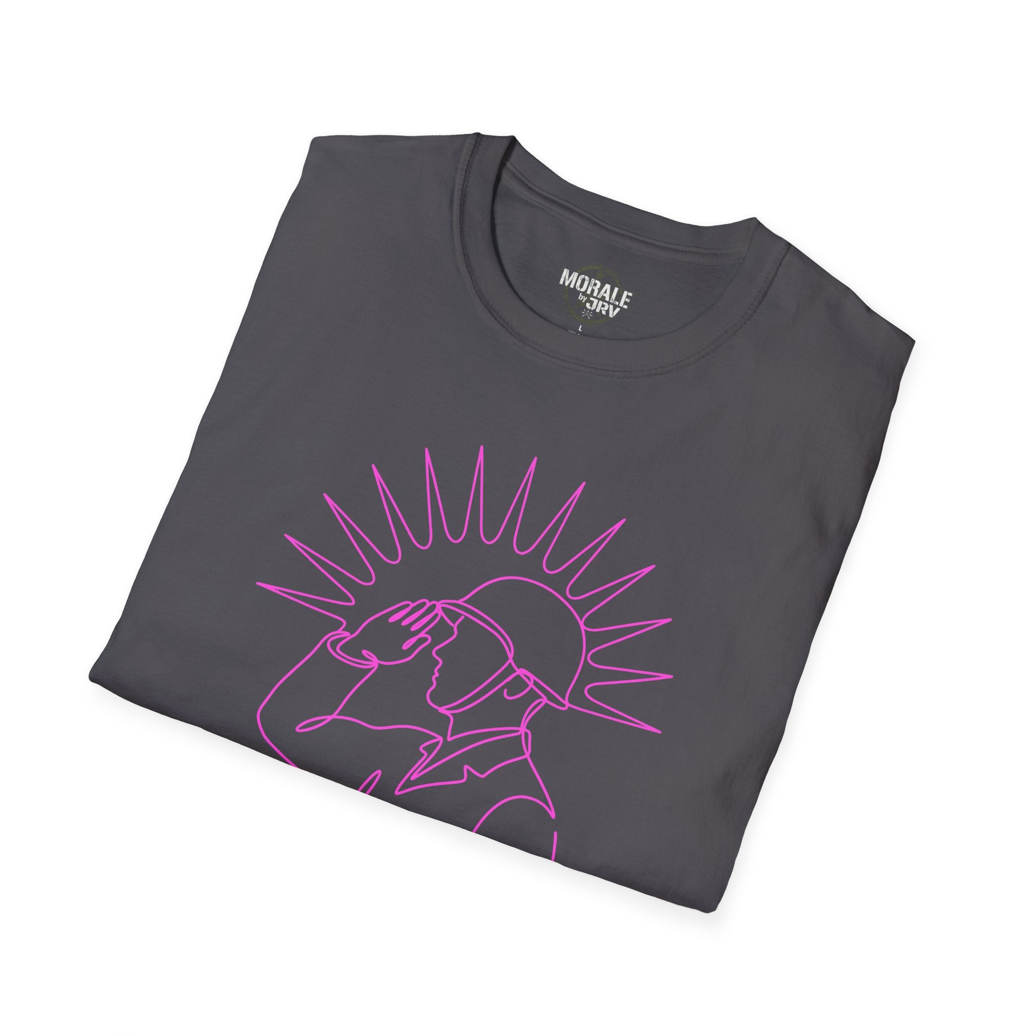 Charcoal T-shirt with pink single-line “man looking up” illustration and sun rays