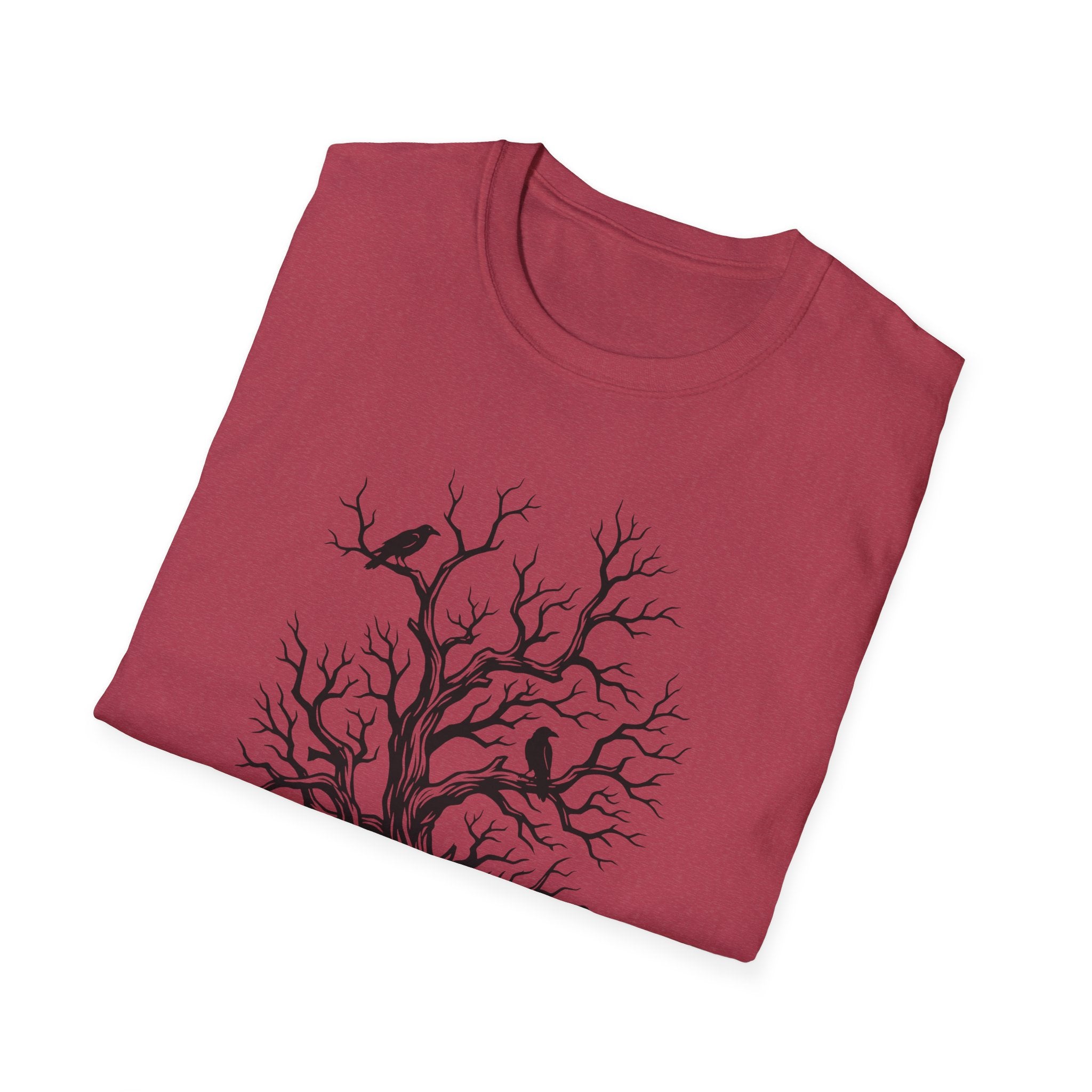 Red T-shirt with bare branch tree and crows graphic on chest