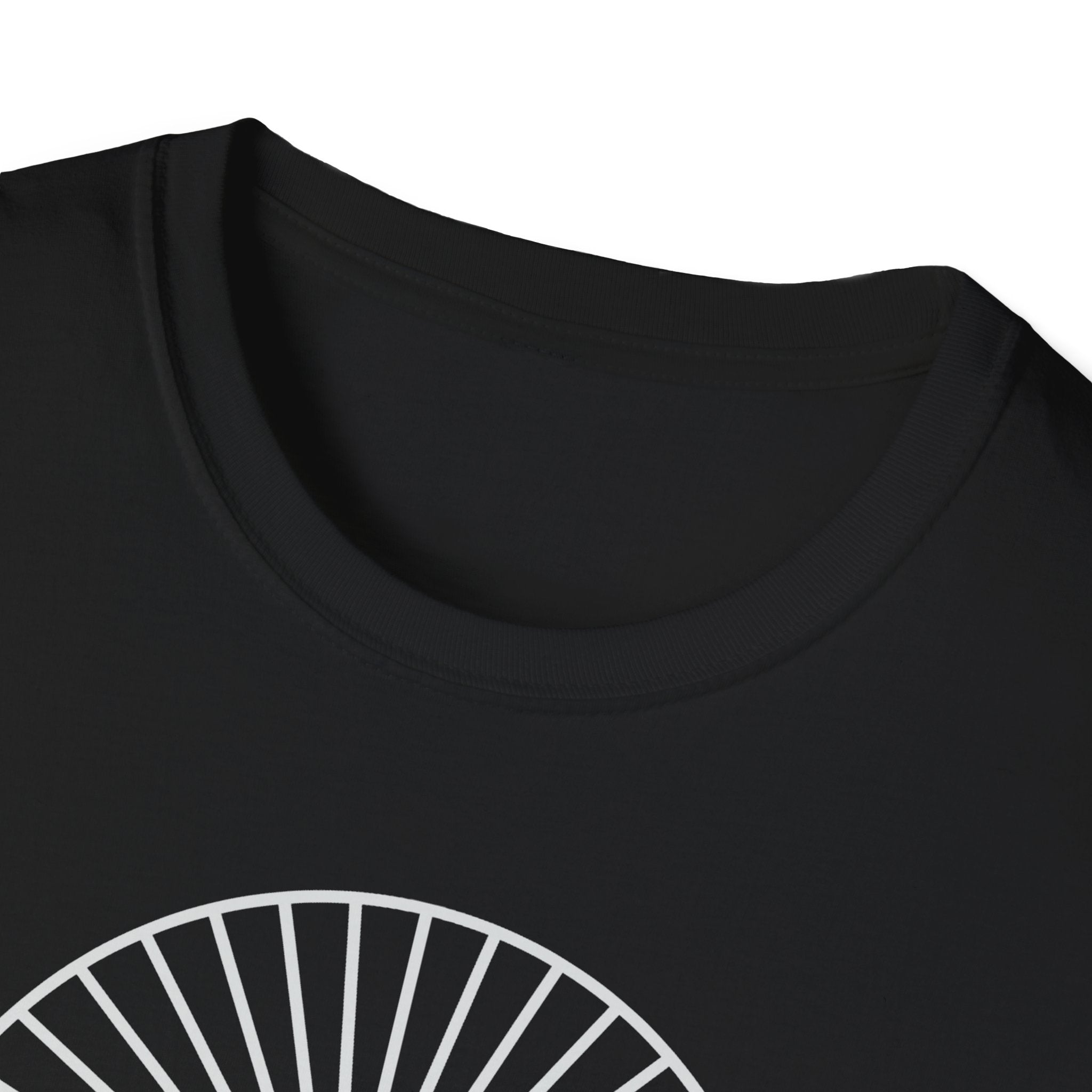 Black T-shirt close-up of crew neck and top part of Wander Often graphic.