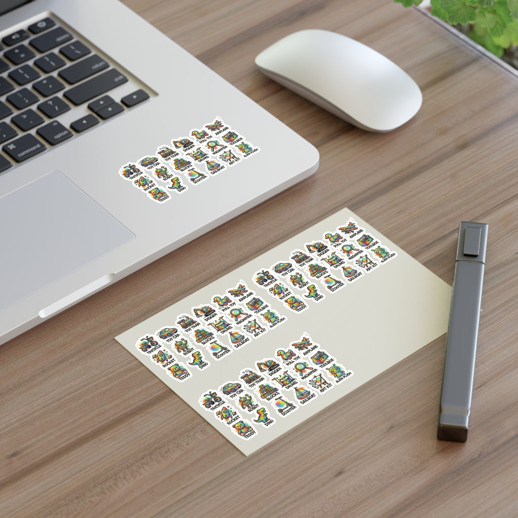 Toy icon sticker sheet, die-cut labels applied to notebooks for toy-themed organization