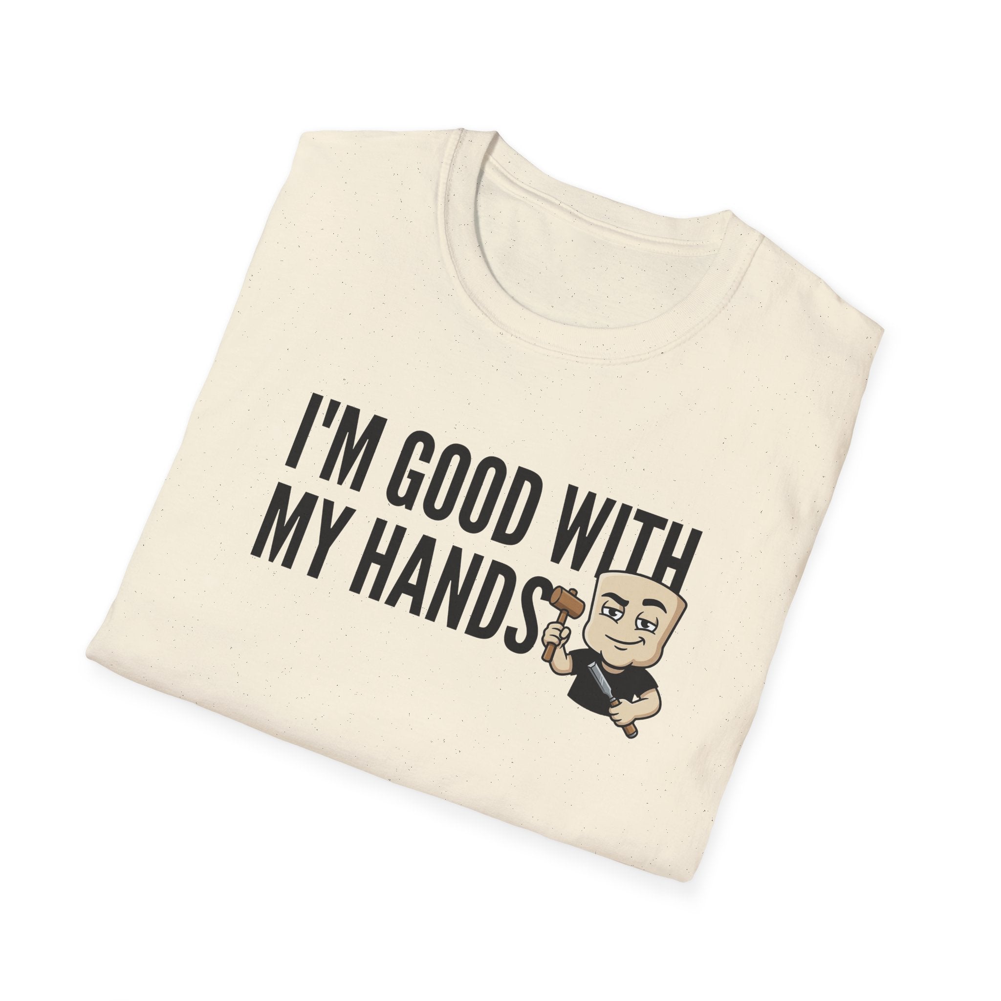 Natural/off-white T-shirt with crew neck, 'I'M GOOD WITH MY HANDS' print and builder cartoon