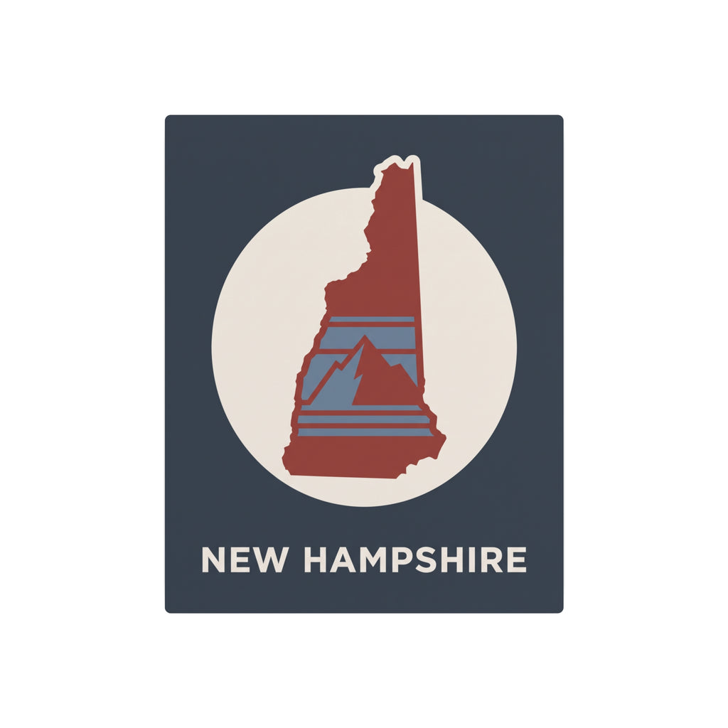 New Hampshire metal art sign front view, dark blue square with red emblem and “NEW HAMPSHIRE”