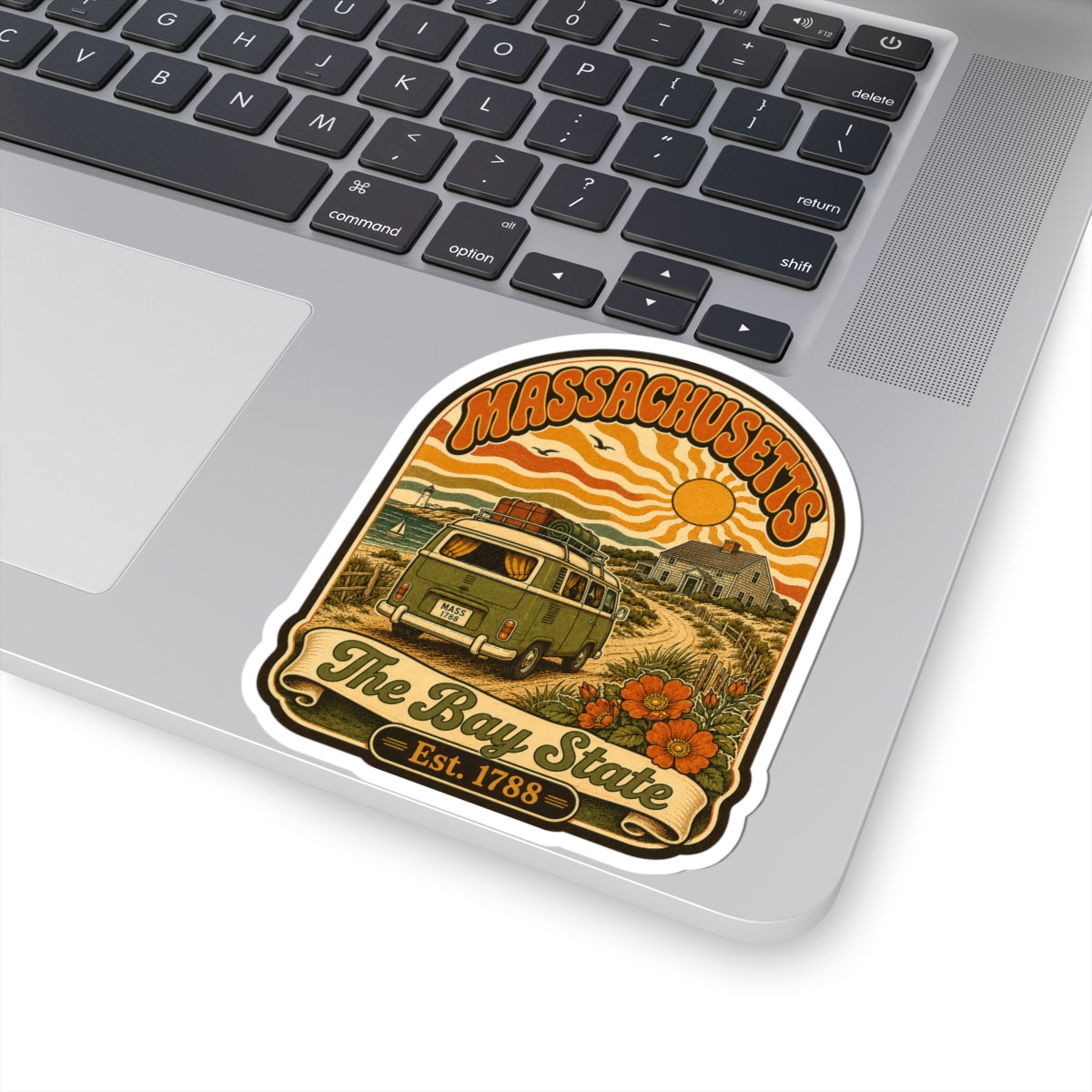 Kiss-cut Massachusetts vintage van sticker on laptop, with “Bay State” and “Est. 1788”