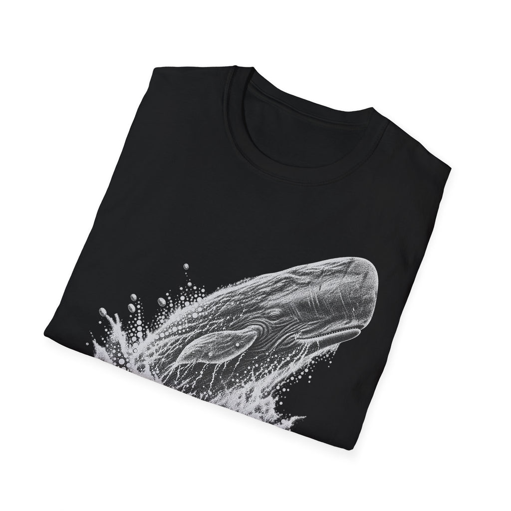 Black T-shirt with gray breaching whale splash graphic