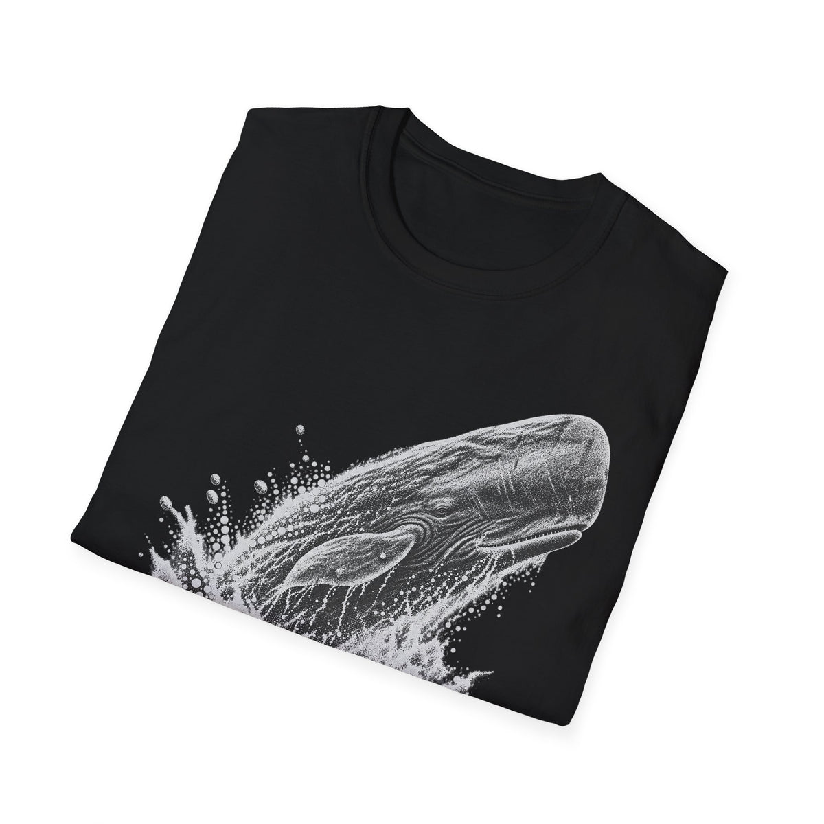 Black T-shirt with gray breaching whale splash graphic